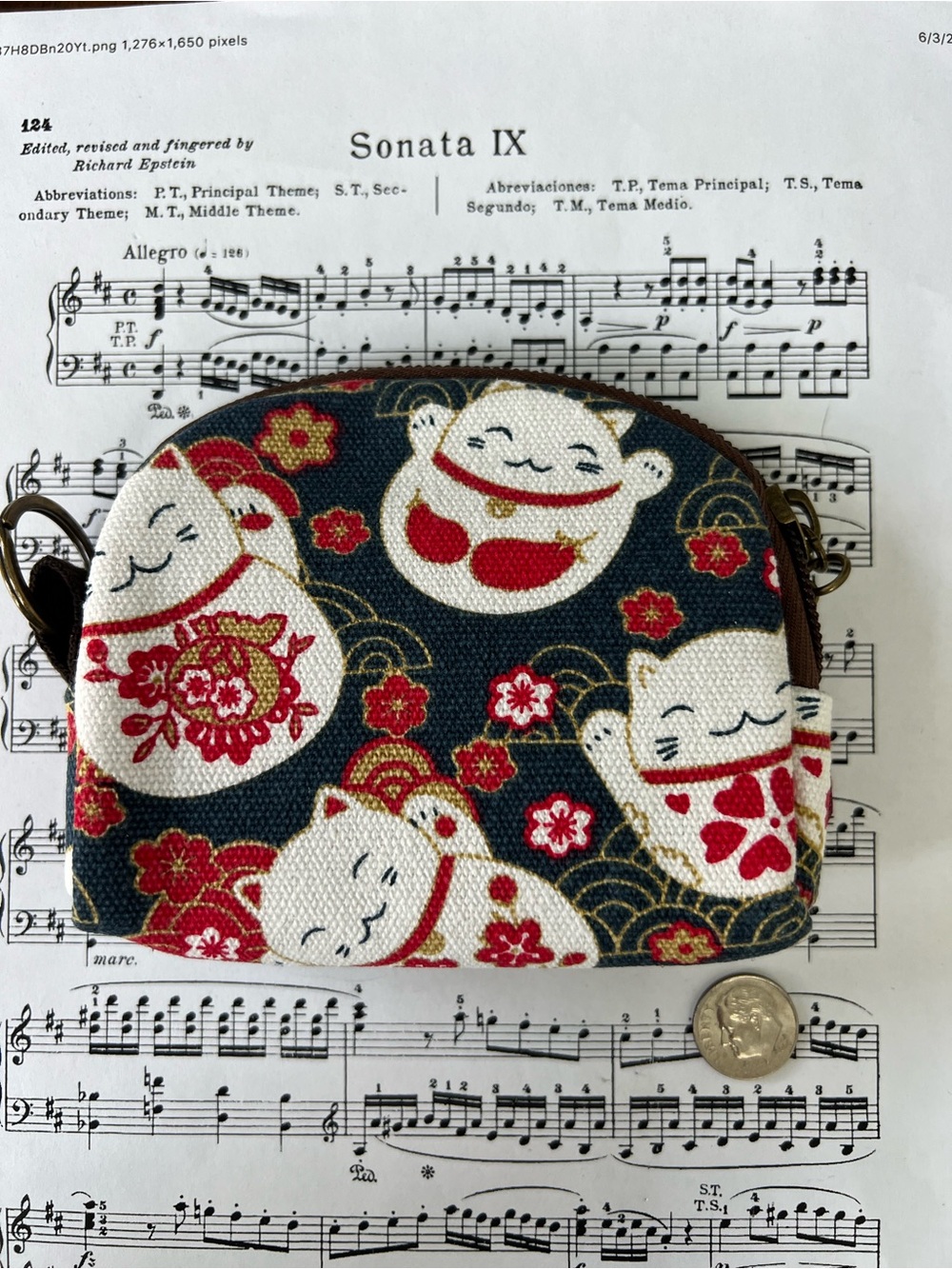 Lucky Cat Pattern Small Wallet - Navy and Red